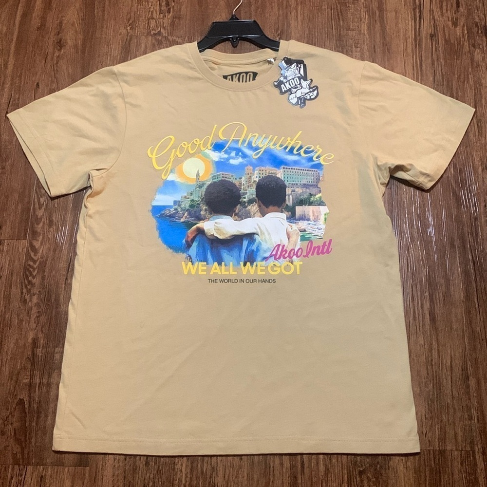AKOO Knit Graphic T-Shirt We All We Got SS Tan Size Large NWT